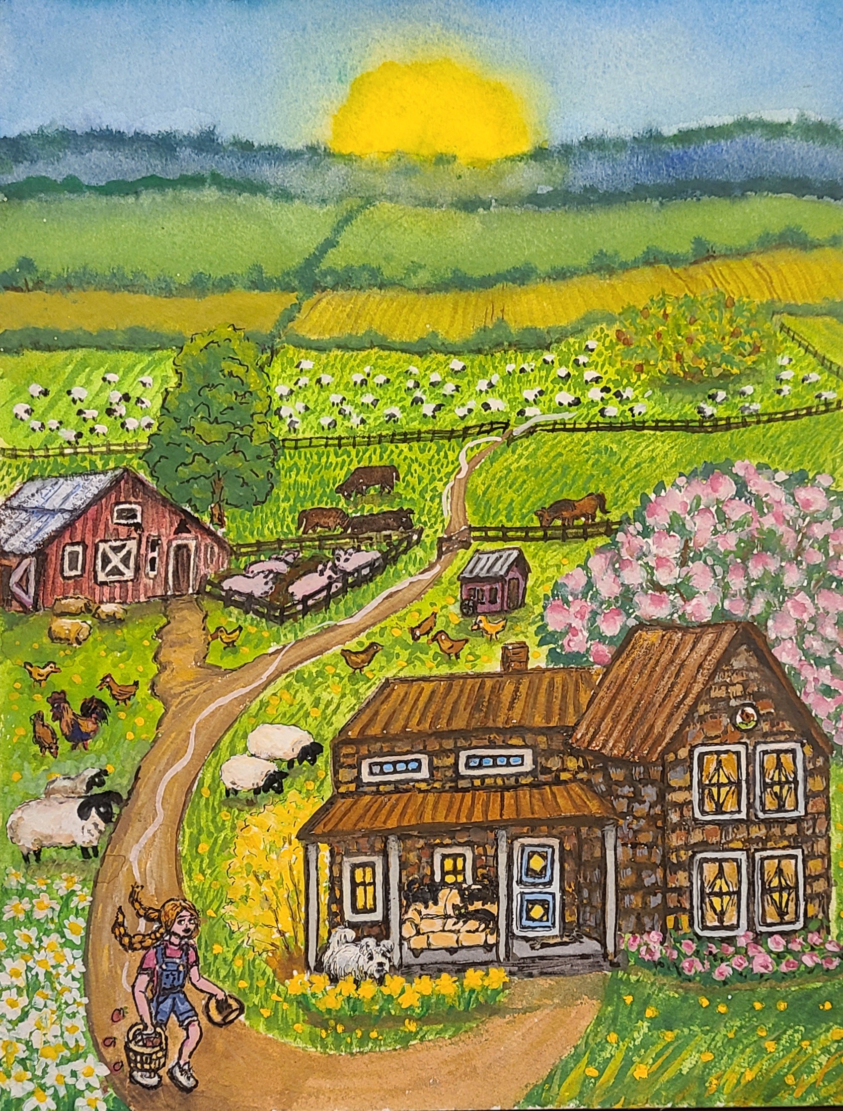 A colorful painting of a farm scene featuring a cozy house and a red barn surrounded by green fields