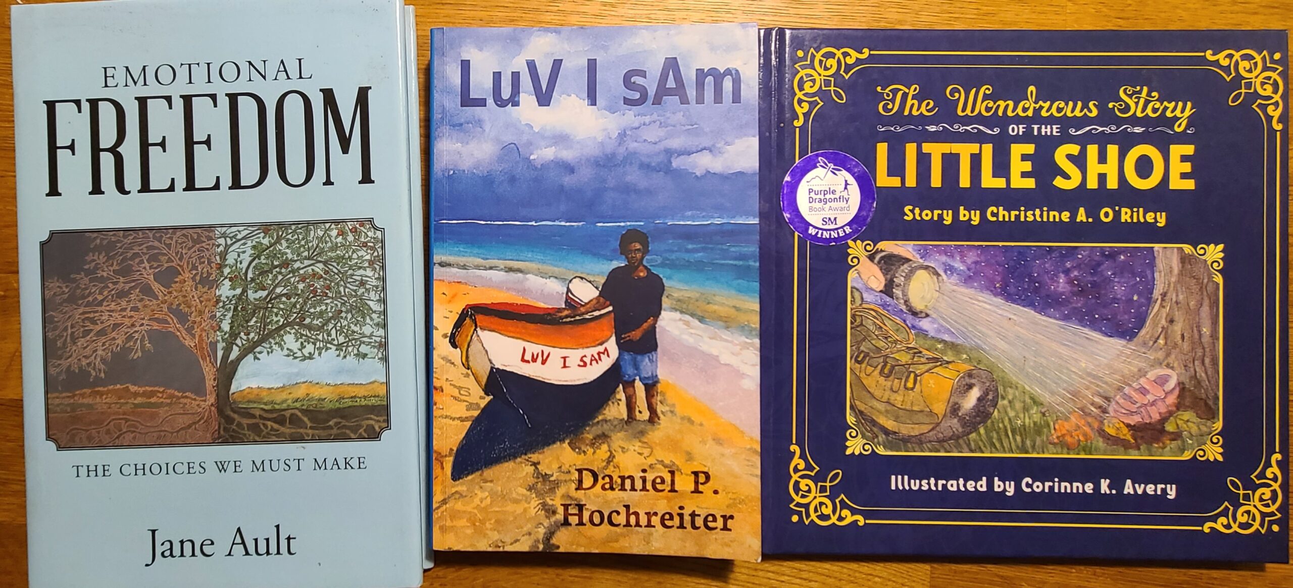 Three books on a table